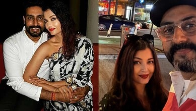 Abhishek Bachchan and Aishwarya Rai in a rare selfie with a woman at night.