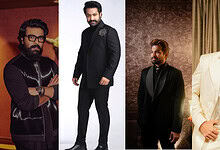 Four Telugu actors in stylish outfits posing indoors for a photoshoot.