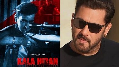 Image from Kala Hiran film featuring a man aiming a gun and a close-up of a man with sunglasses.