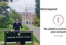 Social commentator Naman Shrivastava at Harvard Business School with restriction notice.