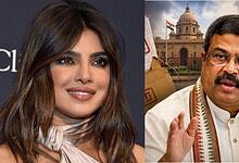 Priyanka Chopra and Dharmendra Pradhan in a political event setting.