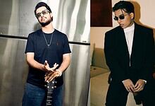 Anuv Jain and Atif Aslam wearing sunglasses in stylish settings for music event.