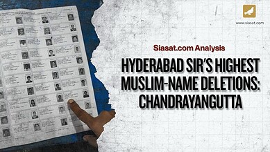 Voter list with Muslim names from Chandrayangutta, Hyderabad, displayed on a blue background.