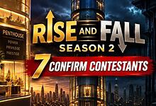 Rise and Fall Season 2 poster with city skyline and contestant info.