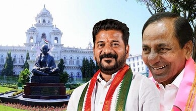 Telangana politicians at the legislative assembly with historic building in background.
