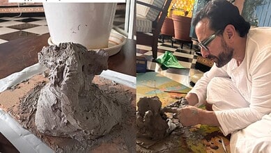 Man sculpting a Ganpati idol from clay during Ganesh Chaturthi celebrations.