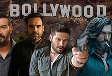 Promotional poster of Bollywood actors with the Hollywood sign in the background.