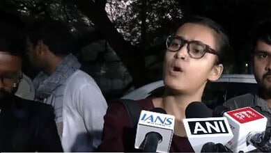 Neha Bora addreses the media after being released from detention