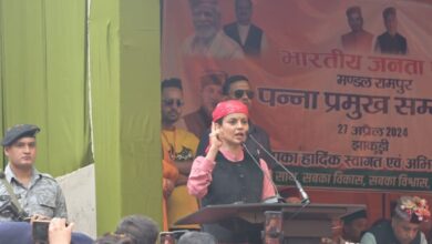 Bollywood actress Kangana Ranaut participates in a BJP rally at Kejri, Rampur.