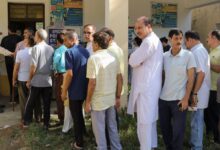 Jammu Kashmiri Pandits stand in a queue to cast their vote
