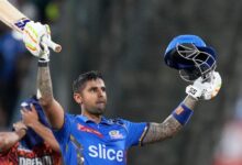 Mumbai Indians player Suryakumar Yadav celebrates his century during the Indian Premier League (IPL) 2024 T20 cricket match between Mumbai Indians and Sunrisers Hydrabad, at Wankhede Stadium in Mumbai,