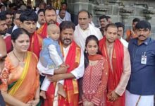 Revanth Reddy visits Lord Venkateshwara temple in Tirupathi along with his family and offers prayers on Wednesday.