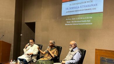 Union Finance Minister Nirmala Sitharaman during a discussion on Viksit Bharat at Bhandarkar Oriental Research Institute, in Pune,