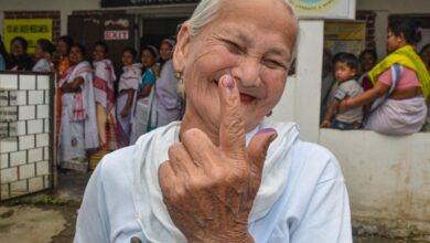 Dibrugarh: A 90-yr old voter shows her ink-marked finger casting her vote for the first phase of Lok Sabha polls, in Dibrugarh, Friday, April 19, 2024. (PTI Photo) (PTI04_19_2024_000348B)