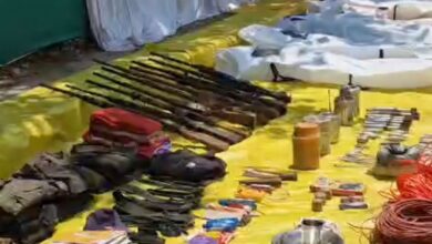 Arms and other items recovered by security personnel during an encounter with naxalites, in Bijapur district, Friday, May 10, 2024. At least 12 naxalites were killed, according to officials. (PTI Photo)