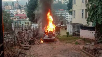 Vehicle set on fire by protesters agitating against the passing of Citizenship Amendment Bill in Shillong (PTI)