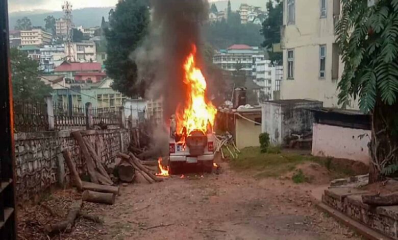Vehicle set on fire by protesters agitating against the passing of Citizenship Amendment Bill in Shillong (PTI)