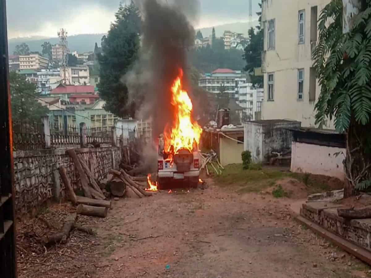 Vehicle set on fire by protesters agitating against the passing of Citizenship Amendment Bill in Shillong (PTI)