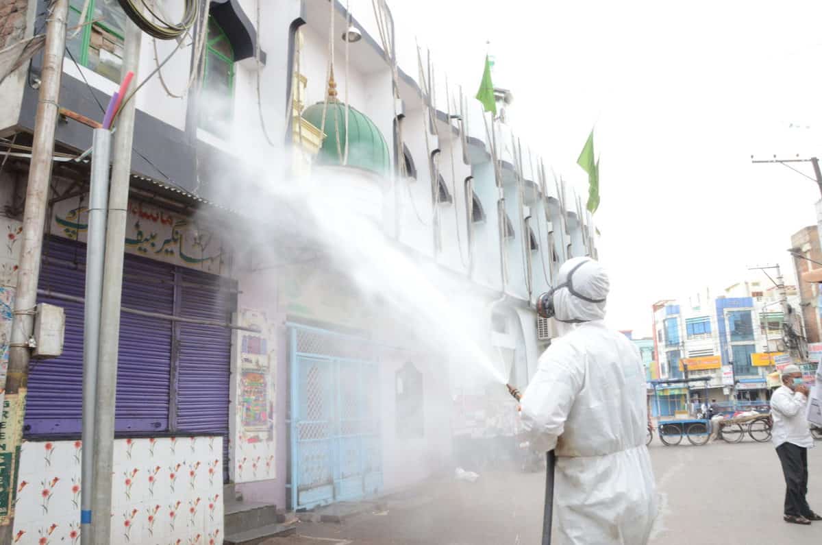 DRF personnel disinfecting the roads, mosque of Hyderabad's Old City in Talab Katta. Photo Mohammed Hussain