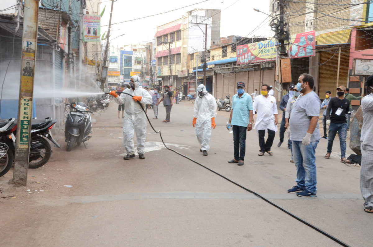 DRF team spraying chemical in the lanes of Talab Katta in Hyderabad's Old City. Photo: Mohammed Hussain