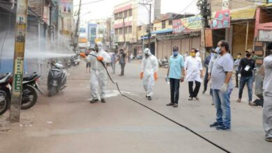 DRF team spraying chemical in the lanes of Talab Katta in Hyderabad’s Old City. Photo: Mohammed Hussain