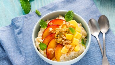 Sweet and Healthy Porridge with Fresh Fruits. Diet Breafast Idea