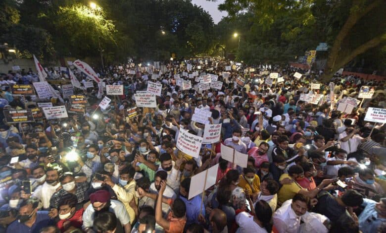 New Delhi: Members of various organizations during a protest against the death of a 19-year-old Dalit woman who was allegedly gang-raped in Hathras, at Jantar Mantar in New Delhi, Friday, Oct. 2, 2020. (PTI Photo/Vijay Verma)(PTI02-10-2020_000249B)