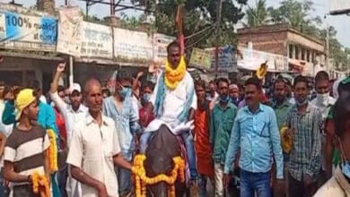 Independent candidate from Bihar's comes to file nomination on a buffalo