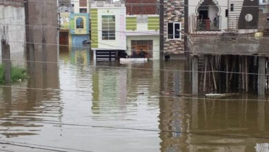 Floodwater in Osman Sagar turns green and rancid