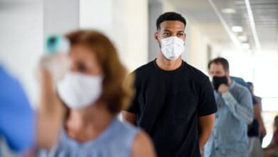 Portrait of people with face masks waiting, coronavirus, covid-19 and vaccination concept