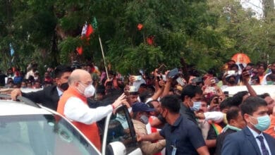 Amit Shah reaches Hyderabad for roadshow, offers prayers at Bhagyalakshmi Temple