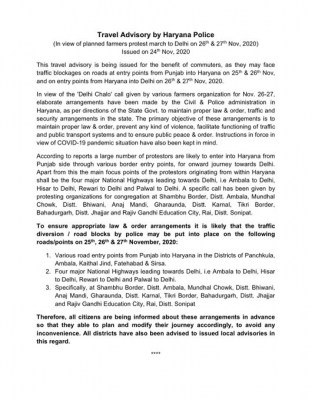 Fearing traffic blockades, Haryana issues travel advisory