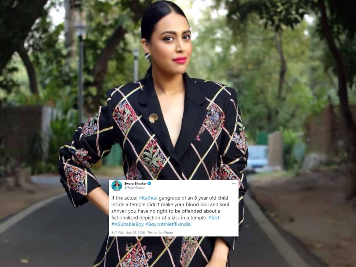 Swara Bhasker strongly responds to those outraging over temple kissing scene in Netflix series
