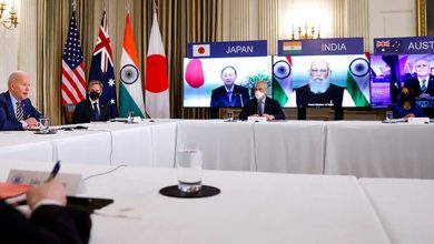 Joe Biden meets virtually with the leaders of Australia, India and Japan in the State Dining Room of the White House, Washington, Mar. 12, 2021. (AFP)