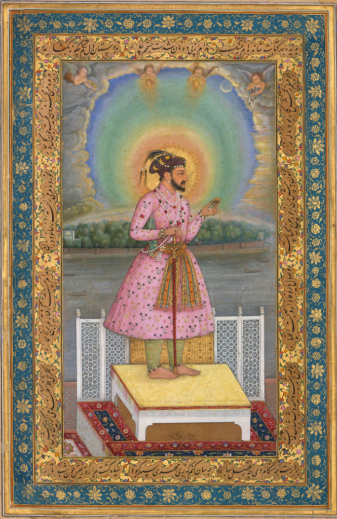 “Shah Jahan on a terrace, holding a pendant set with his portrait,” by Chitarman, Mughal India, 1627–28; Source: New York Times