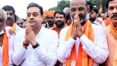 Sambit Patra walks along with Bandi Sanjay in his padayatra
