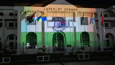 Madagascar's Town Hall lits up in shades of Indian flag for Independence Day