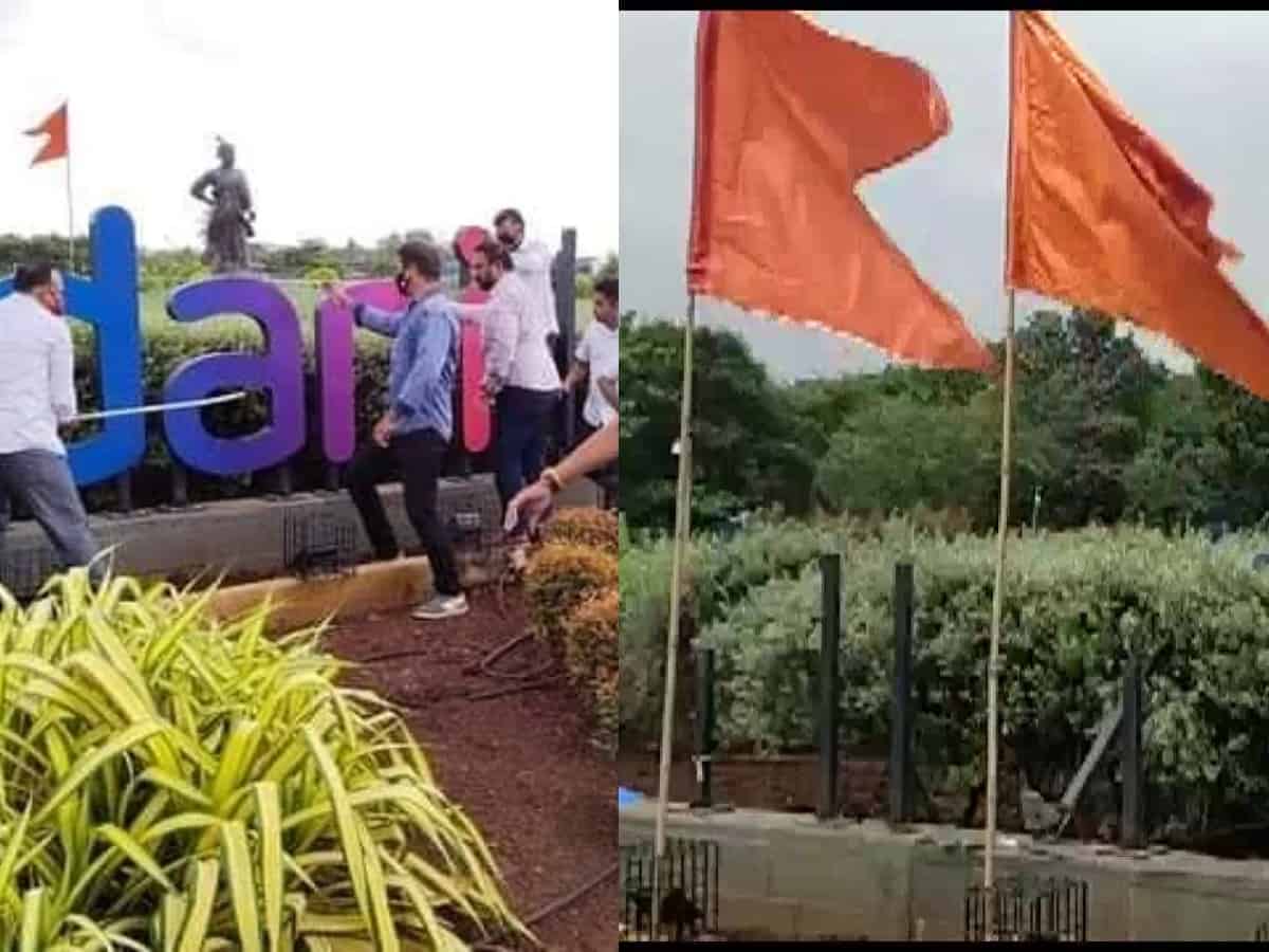 Shiv Sena activists tear down Adani hoarding at Mumbai Airport
