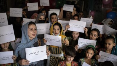 Kabul: Women and teachers demonstrate inside a private school to demand their rights and equal education for women and girls, during a gathering for National Teachers Day, at a private school in Kabul, Afghanistan (AP Photo)