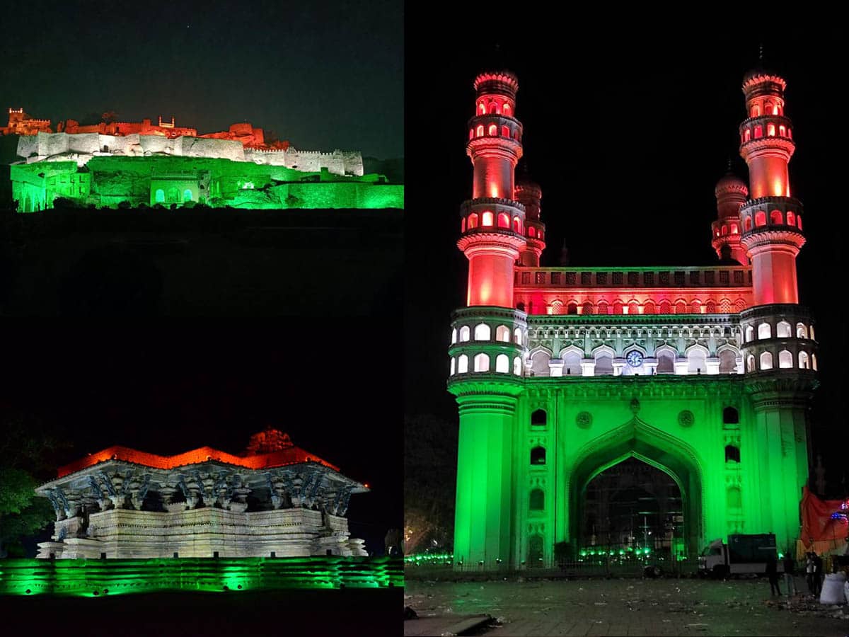 Historical Monuments in Telangana lit up in tricolors to commemorate the milestone of 100 Crore Vaccinations