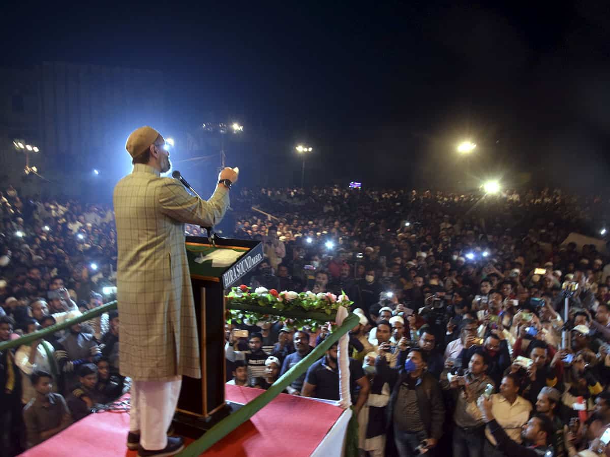 AIMIM Chief Asaduddin Owaisi addresses supporters during a public meeting, in Moradabad, Thursday, Nov. 11, 2021. (PTI Photo)