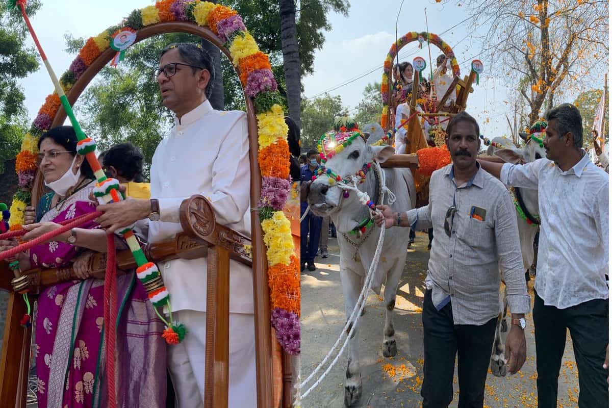 CJI NV Ramana took a bullock cart ride during his visit to native village