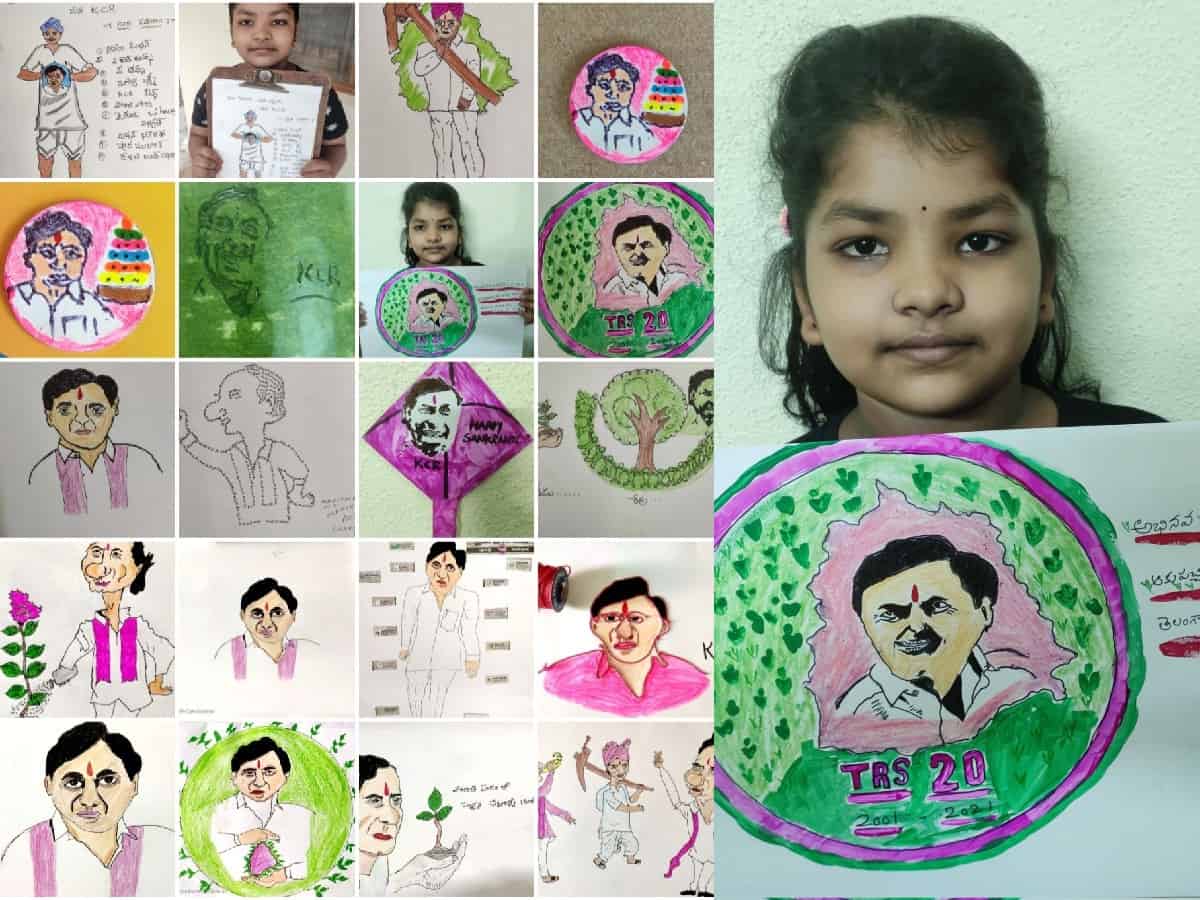 telangana-9-year-old-girl-draws-100-portraits-of-cm-kcr