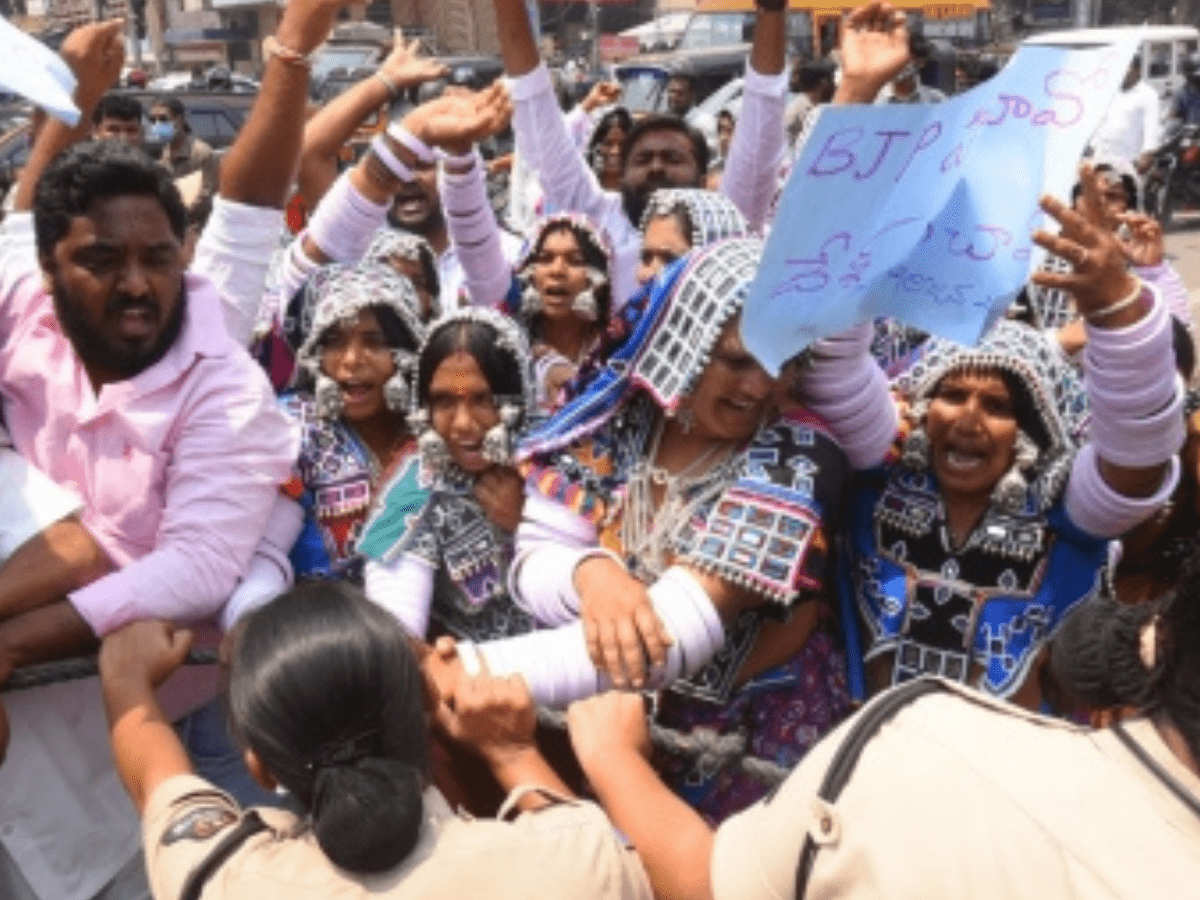 TRS on Wednesday staged a protest in front of the state BJP office in Hyderabad