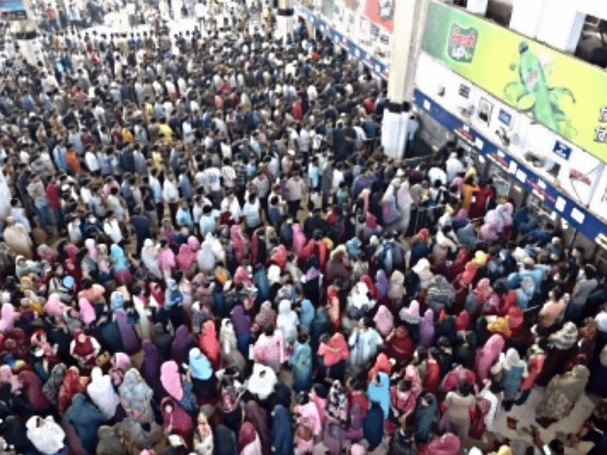 queues at railway counters in Dhaka ahead of Eid