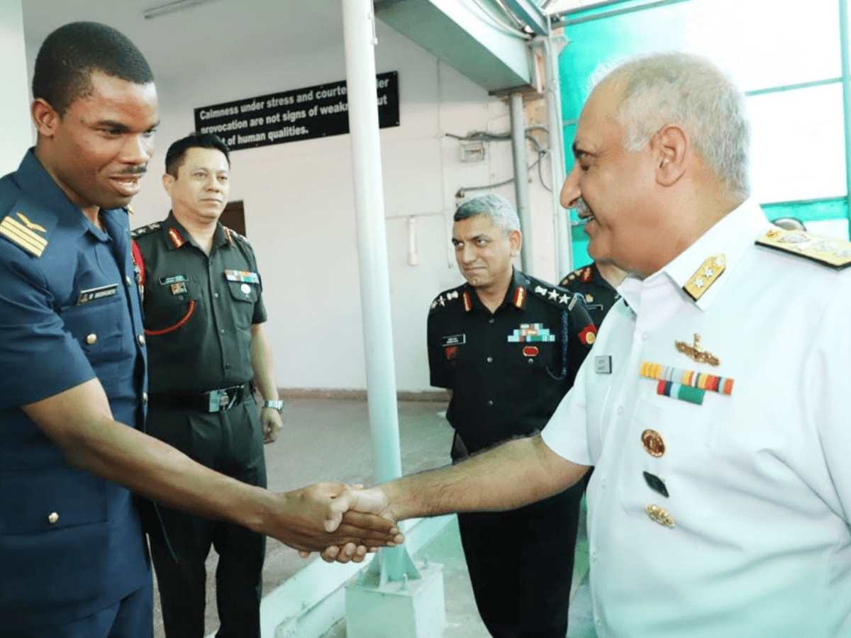 Rear Admiral Sanjay Datt, Commandant, CDM interacting with the foreign participants of HDMC-18 at the College of Defence Management, Secunderabad on Tuesday (24 May 2022).