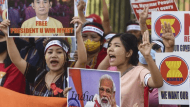 Myanmar refugees in India protesting