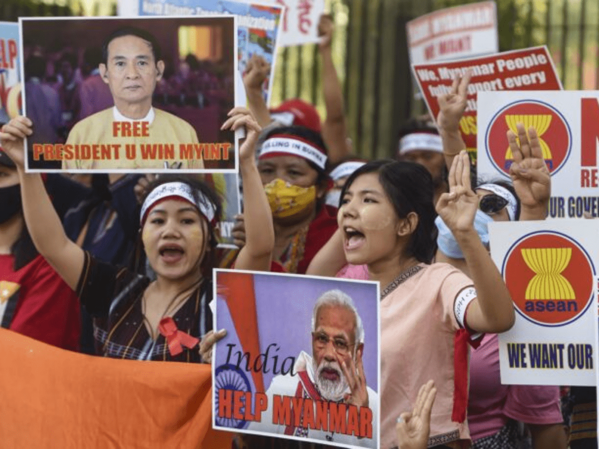 Myanmar refugees in India protesting