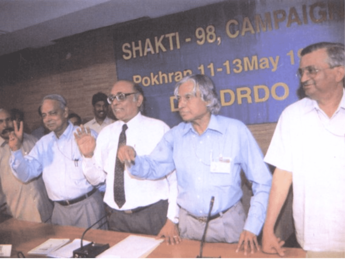 The nuclear weapon scientists at a press conference on 16 May, 1998. (From right Anil Kakodkar, Abdul Kalam, R. Chidambaram, and K. Santhanam)