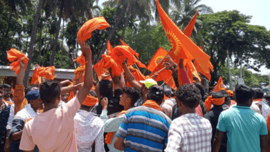 Members of Hindu organisations gather at Kirangur junction in Srirangapatna town, Mandya district.